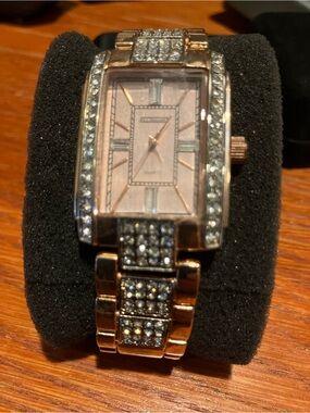 NEW AKKAD Rosegold Metallic Watch w/Crystals 8”